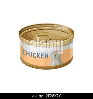 Cat food, wet canned chicken meat in jelly, vector flat icon. Cat eating dish or treat and nutrition meal wet food in can, pets care and feeding prese Stock Vector