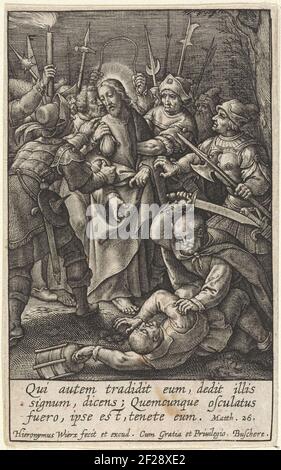 Judaskus en arrestatie van Christus; Passie van Christus; Passio Domini Nostri Iesv Christi.Judas coast Christ on the cheek. The soldiers surround and arrest him. Petrus is about to chop the ear of Malchus. In the margin a three-legged bible quote from matte. 26 in Latin. Stock Photo