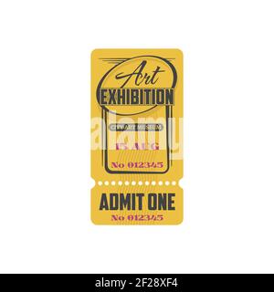 Retro ticket to classic art exhibition, admit one isolated icon. Vector coupon admission to visit exhibition at city painting gallery. Special voucher Stock Vector