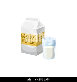 Soy milk in glass, package of healthy milky drink isolated realistic icon. Vector natural organic drink of soybeans high on proteins. Vegetarian food Stock Vector