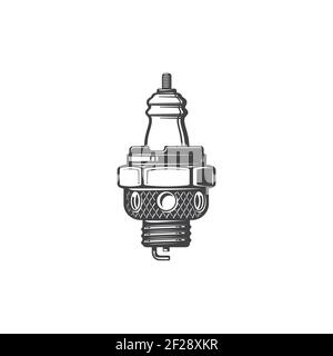Spark plug of internal combustion candle isolated monochrome icon. Vector plug car-ignition system engine spare part, sparking plug delivering electri Stock Vector