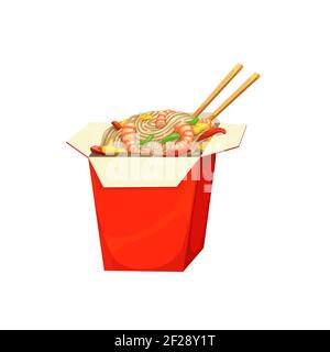 Noodles box, fast food menu Asian Chinese meals, vector isolated icon. Fastfood restaurant or street food Asian bistro delivery and takeaway meals, Ch Stock Vector