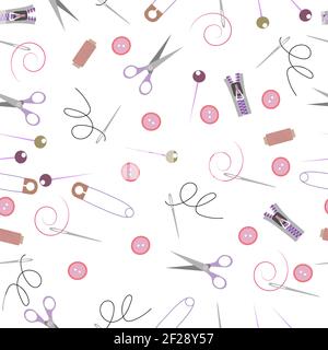 Vector seamless repeat pattern with different sewing accessories, buttons, threads in heart shapes for fabric, scrapbooking and craft projects, gift w Stock Vector