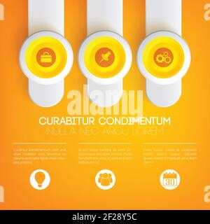 Business infographic concept with icons on yellow circles and vertical round banners on light background vector illustration Stock Vector