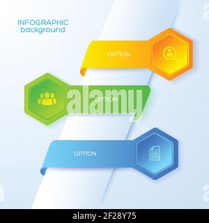 Business abstract infographics with icons three colorful ribbons and hexagons on light background vector illustration Stock Vector