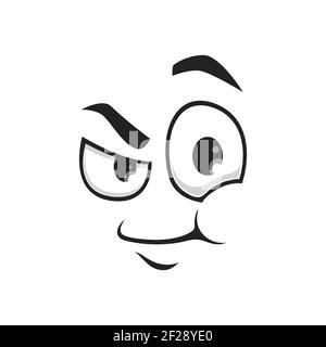 Cartoon face vector icon, gloat emoji with angry eyes and smirk smiling ...