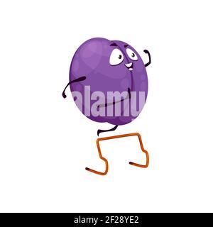 Cartoon plum fruit sportsman vector icon, funny damson character run with obstacles. French plum doing sport exercises isolated on white background. H Stock Vector