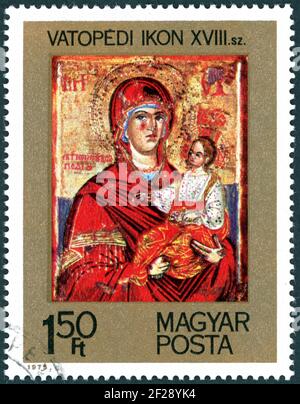 HUNGARY - CIRCA 1975: A stamp printed in Hungary, shows the 18th century icons from Vatopedi: Virgin and Child, circa 1975 Stock Photo