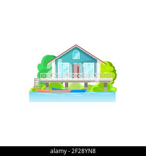 Tropical wooden house on water on seaside of island at Tahiti or Bora Bora, Maldives or Caribbean beach, green trees and canoe boats, balcony pier. Bu Stock Vector