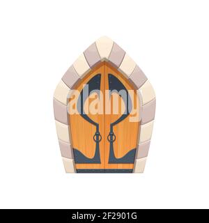 Cartoon door or castle gates vector icon, wooden and stone medieval or fairytale arched entry with forged decoration and ring knobs. Ancient palace ex Stock Vector