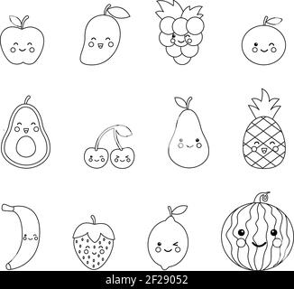 Color kawaii fruits. Coloring page for kids. Stock Vector