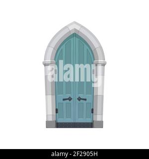European medieval cartoon gate or door fairytale entry isolated flat cartoon or realistic icon. Vector retro gate of wood and stone, enter to tower. D Stock Vector