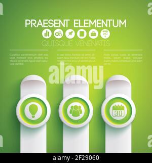 Business infographic concept with text icons on green circles and vertical gray rectangles vector illustration Stock Vector