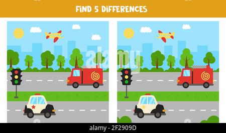 Find five differences between pictures. Cityscape with transport. Stock Vector