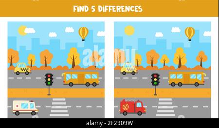 Find five differences between pictures. Cityscape with transport. Stock Vector