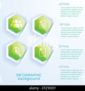 Business infographic concept with icons four options and glossy bright green hexagons on light background vector illustration Stock Vector