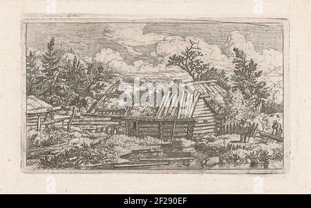 Landscape with expired house and sawing man; Two floating trunks for a ruined house. View on a distant house on a small lake in which two shelves float. In addition to the house two people, one of which is a tree trunk. Stock Photo