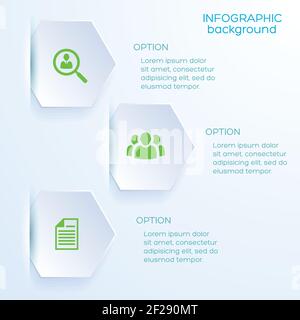 Business infographic background with paper hexagon bookmarks inserted in slots near text columns flat vector illustration Stock Vector