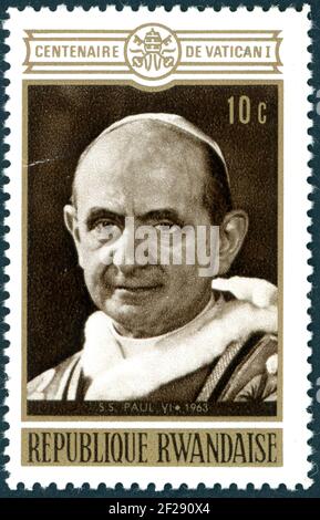 A stamp printed in Rwanda, dedicated to the 100th anniversary of the first Vatican Council, shown the portrait of Pope Paul VI (1963-1978), circa 1970 Stock Photo