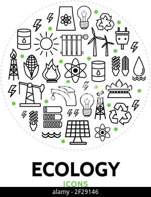 Ecology round concept with electric bio eco and environmental line icons isolated vector illustration Stock Vector