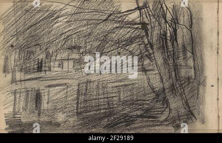 Oever met bomen.Shore with trees. Leaf 23 Verso from a sketchbook with 45 sheets. Stock Photo
