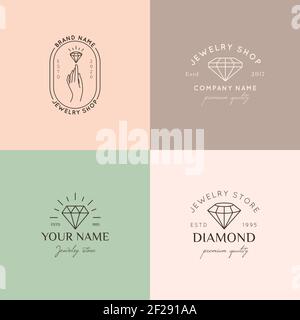 Set of jewelry logo design templates in trendy linear and minimal style. Vector emblems Stock Vector
