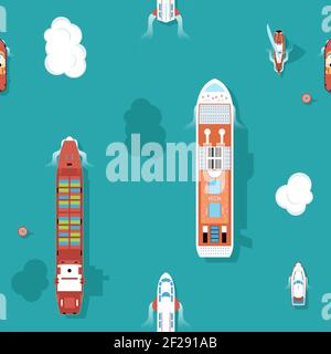 Top view sea ships seamless background. Water and yacht, boat and transport, cruise travel. Vector illustration Stock Vector