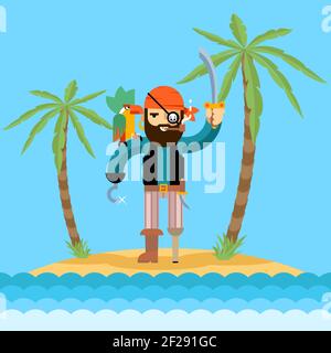 Pirate on treasure island. Palm and ocean, beach and adventure, bearded man. Vector illustration Stock Vector