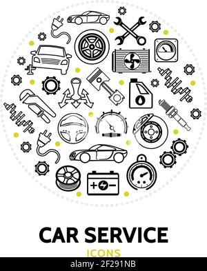 Car service round concept with automobile wrench engine piston radiator transmission battery speedometer spark plug brake disc shock absorber tire lin Stock Vector