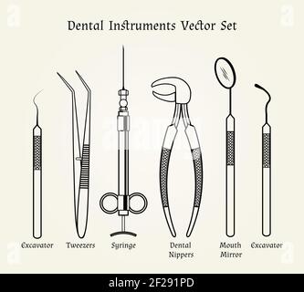Vintage dentist tools. Medical equipment in retro stock illustration