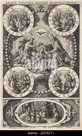 Kroning van Maria; Salve Regina, Mater Misericordiæ.Maria is crowned in heaven by the trinity. Christ and God's father put the crown on her head. The performance is caught in a bead frame. In every corner a medallion with scenes of the prophets, the apostles, martyrs and the church fathers. In the cartouche down the worship of Maria and the Christ child by the H. Catharina, the H. Agnes and other saints. Stock Photo