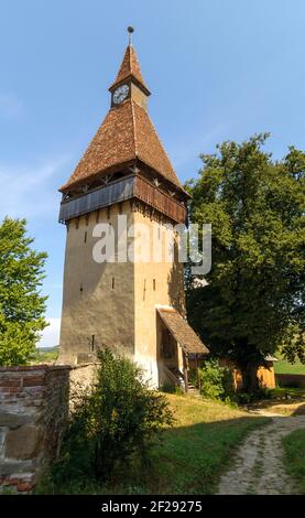 Defense tower of the fortified church in Biertan, Romania Stock Photo