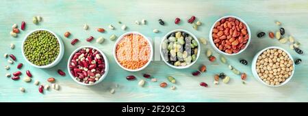 Legumes panorama. An assortment of pulses, shot from the top Stock Photo