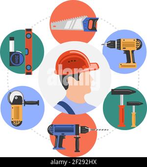 Flat building construction concept with builder roulette level saw drill hammer screwdriver grinder in colorful circles isolated vector illustration Stock Vector