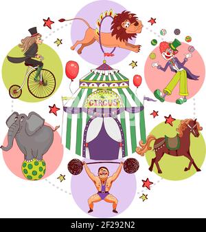 Flat circus round concept with tent strongman lifting barbell acrobat riding bicycle clown juggling balls lion horse elephant tricks isolated vector i Stock Vector