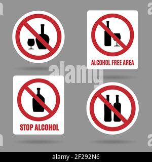 No alcohol and alcohol free area vector signs. Symbol forbidden alcoholism and booze, ban and stop icons Stock Vector