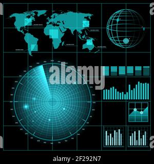 Radar screen with world map. Military technology, system equipment, detect and monitor, vector illustration Stock Vector