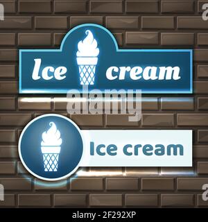 Vector illustration of ice cream neon sign boards on brick wall Stock Vector