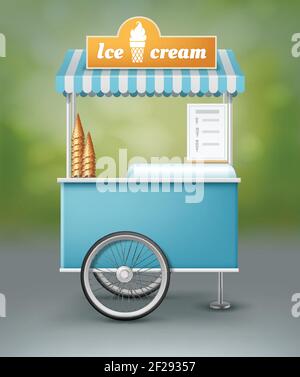 Vector illustration of blue cart for ice cream with signboard isolated on landscape background Stock Vector