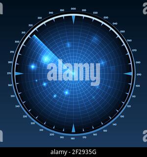 Radar screen vector. Technology military equipment, monitor system, scanner navigation and detection, vector illustration Stock Vector