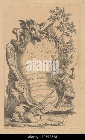 Cartouche met aap en jachtbuit; A New Book of Hunting Trophies.Around a cartouche with the serene title a boar, a dog, a shot hare and duck and on the right a dressed monkey with a gun. Stock Photo
