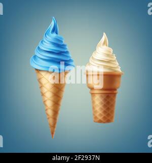 Vector illustration of soft ice cream various flavors in different cones isolated on blue background Stock Vector