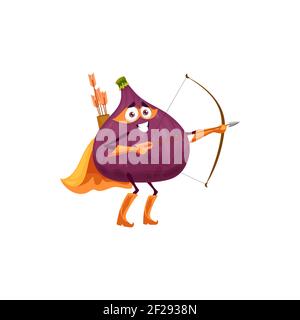 Fig fruit superhero cartoon character, vector tropical fruit food in super hero costume and mask. Plum archer as warrior superhero with bow and arrows Stock Vector