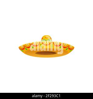 Mexican sombrero hat, festive cap vector icon. Isolated cartoon traditional costume straw headdress for celebration with colorful zigzag ornament. Spa Stock Vector