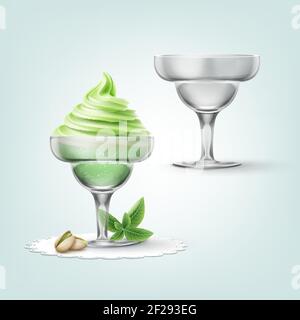 Vector illustration of soft pistachio ice cream with nuts in cup and empty cup isolated on background Stock Vector