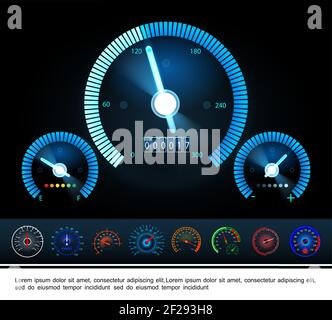 Car dashboard panel gauges concept with fuel indicator tachometer and colorful speedometers on dark background vector illustration Stock Vector