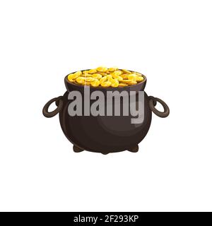 Iron pot with handles, cartoon cauldron full of coins isolated gold money of fortune and luck. Vector pot of golden coins, St. Patricks Day icon. Lepr Stock Vector