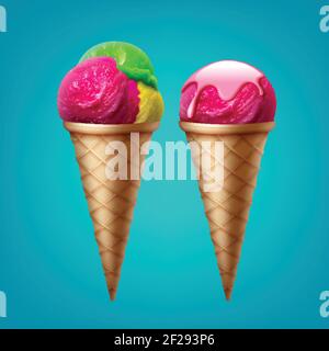 Vector ice cream cone with one scoop in glaze and ice cream cone with three scoops different flavor on blue background Stock Vector