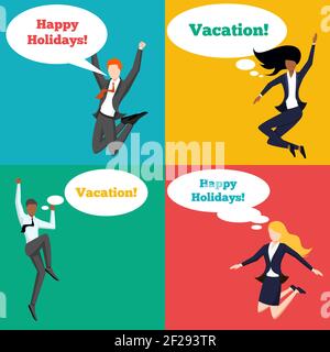 Set of people jumping in the air with happy emotion and speech bubbles. Expression person, vacation businesspeople, feeling  banner, woman and man. Ve Stock Vector