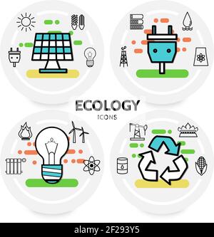 Ecology line icons concept with solar panel plug socket sun bulbs trash battery radiator windmill oil barrel drilling rig recycle symbols isolated vec Stock Vector